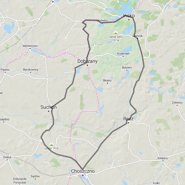 Map miniature of "Insko Lake Ride" cycling inspiration in Zachodniopomorskie, Poland. Generated by Tarmacs.app cycling route planner