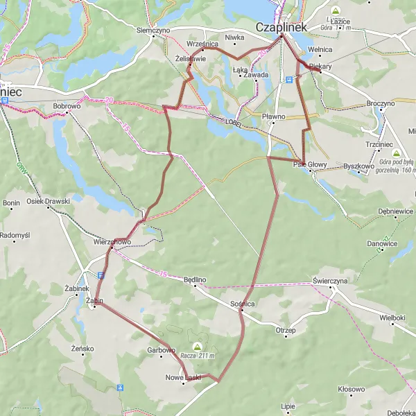 Map miniature of "Gravel Adventure to Wierzchowo" cycling inspiration in Zachodniopomorskie, Poland. Generated by Tarmacs.app cycling route planner