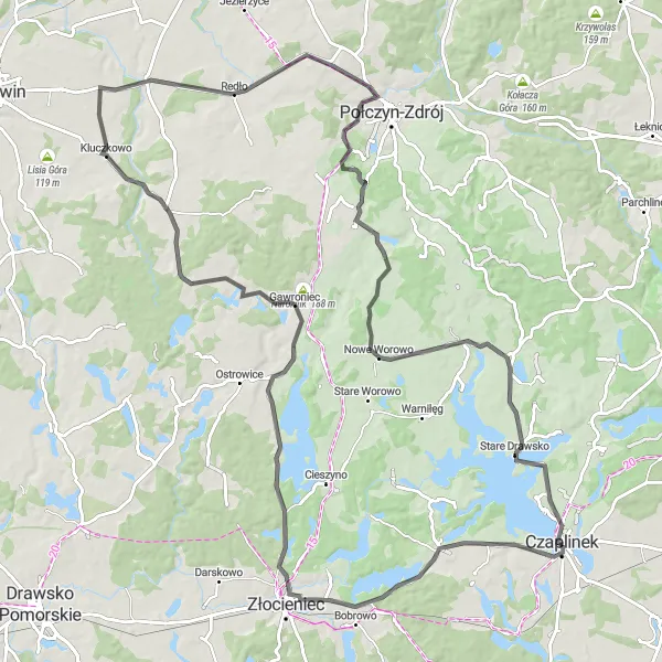 Miniatura mapy "Długa trasa rowerowa do Zamek Drahim" - trasy rowerowej w Zachodniopomorskie, Poland. Wygenerowane przez planer tras rowerowych Tarmacs.app