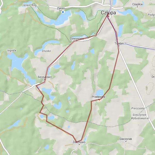 Miniatura mapy "Trasa gravelowa przez Człopę, Przelewice i Szczuczarz" - trasy rowerowej w Zachodniopomorskie, Poland. Wygenerowane przez planer tras rowerowych Tarmacs.app