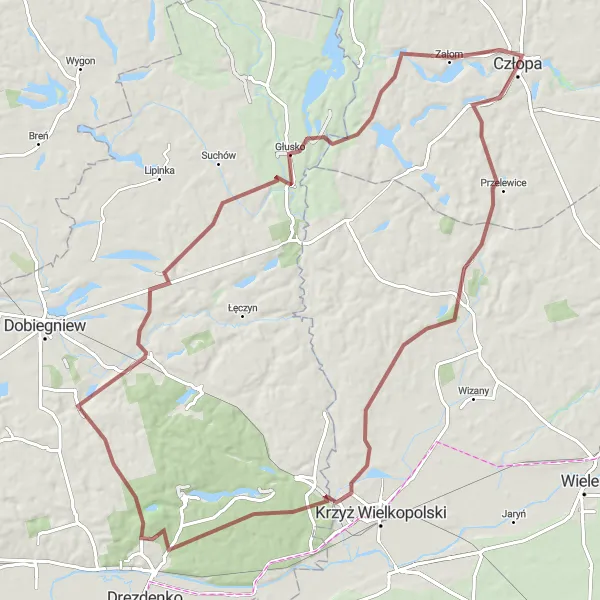 Map miniature of "Through Przelewice to Głusko" cycling inspiration in Zachodniopomorskie, Poland. Generated by Tarmacs.app cycling route planner