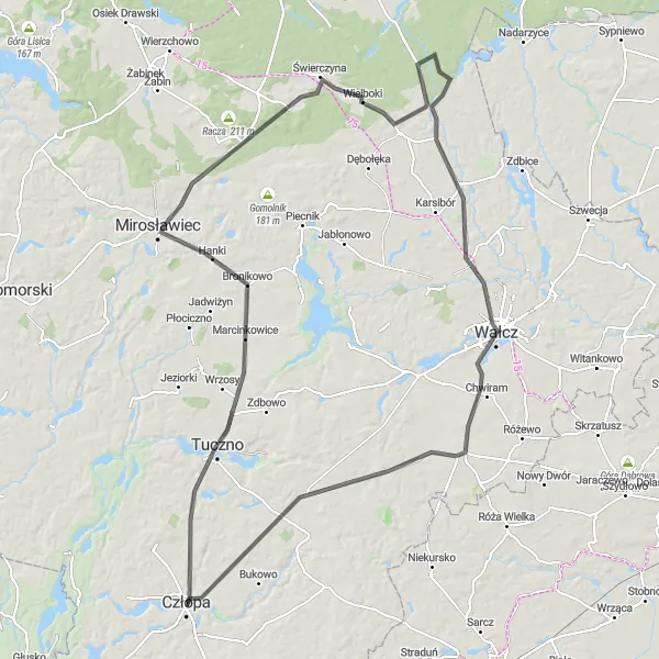 Map miniature of "Wałcz and Mirosławiec Circuit" cycling inspiration in Zachodniopomorskie, Poland. Generated by Tarmacs.app cycling route planner