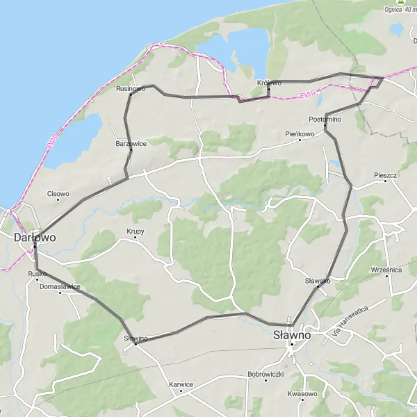 Miniatura mapy "Trasa do Sławno" - trasy rowerowej w Zachodniopomorskie, Poland. Wygenerowane przez planer tras rowerowych Tarmacs.app
