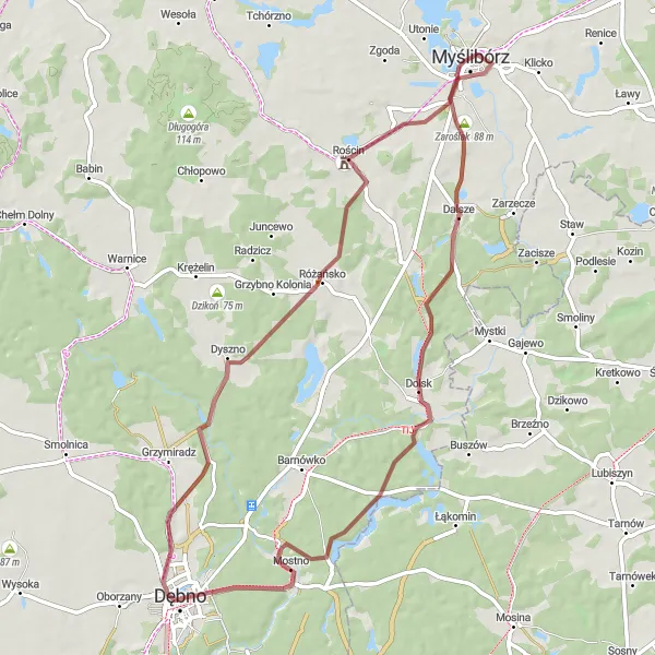 Miniatura mapy "Przejażdżka przez Dyszno, Rościn i Mostno" - trasy rowerowej w Zachodniopomorskie, Poland. Wygenerowane przez planer tras rowerowych Tarmacs.app
