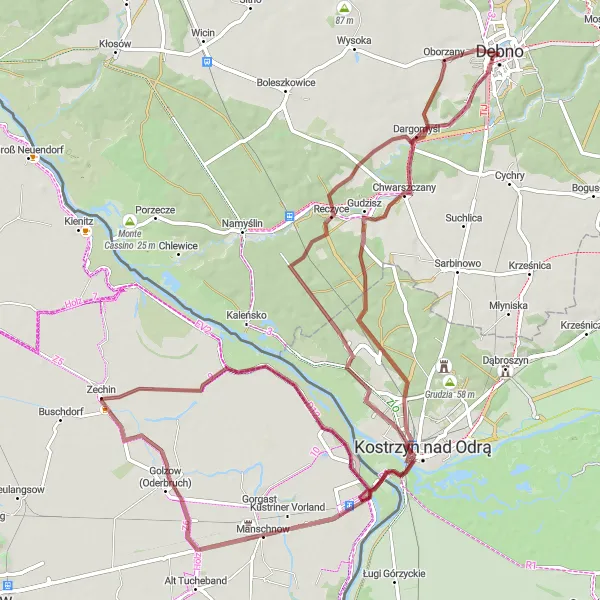 Map miniature of "Gravel route through Dębno and its surroundings" cycling inspiration in Zachodniopomorskie, Poland. Generated by Tarmacs.app cycling route planner