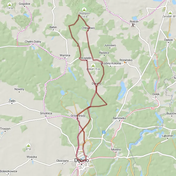 Map miniature of "Gravel loop through Chłopowo and Dzikoń" cycling inspiration in Zachodniopomorskie, Poland. Generated by Tarmacs.app cycling route planner