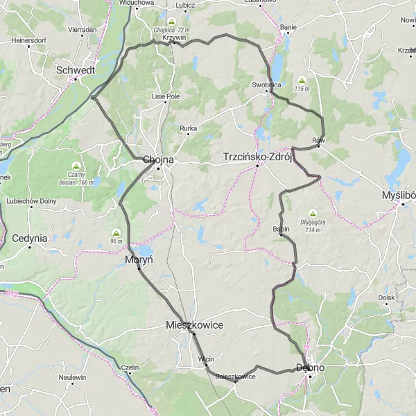 Map miniature of "Dębno Loop" cycling inspiration in Zachodniopomorskie, Poland. Generated by Tarmacs.app cycling route planner