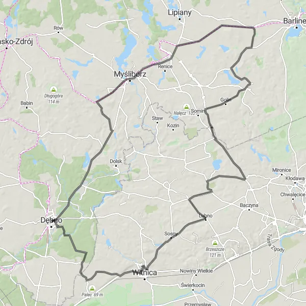 Map miniature of "Road adventure to Pszczelnik and Wysoka" cycling inspiration in Zachodniopomorskie, Poland. Generated by Tarmacs.app cycling route planner