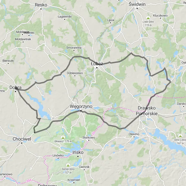 Miniatura mapy "Trasa Szosowa Dobra - Wiewiecko" - trasy rowerowej w Zachodniopomorskie, Poland. Wygenerowane przez planer tras rowerowych Tarmacs.app
