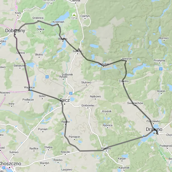 Map miniature of "Scenic Road Ride" cycling inspiration in Zachodniopomorskie, Poland. Generated by Tarmacs.app cycling route planner