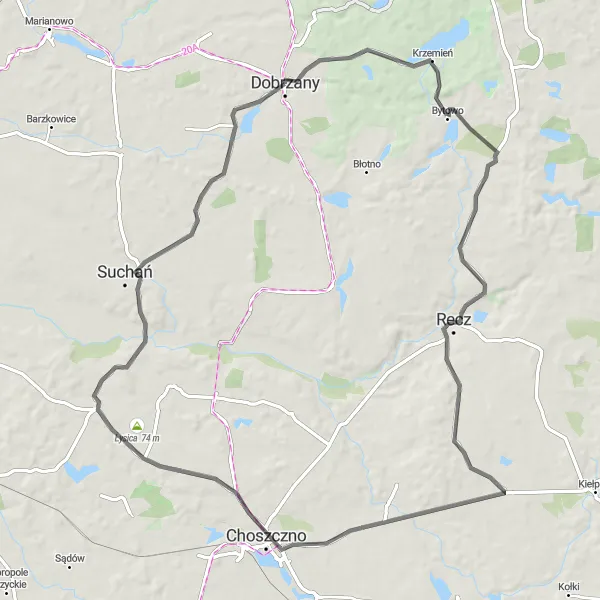 Map miniature of "Rolling Hills Loop" cycling inspiration in Zachodniopomorskie, Poland. Generated by Tarmacs.app cycling route planner