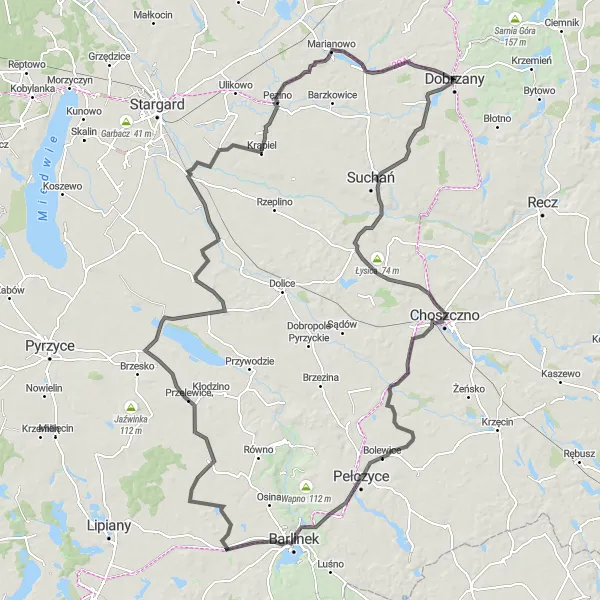 Map miniature of "Challenging Road Cycling Route to Marianowo" cycling inspiration in Zachodniopomorskie, Poland. Generated by Tarmacs.app cycling route planner