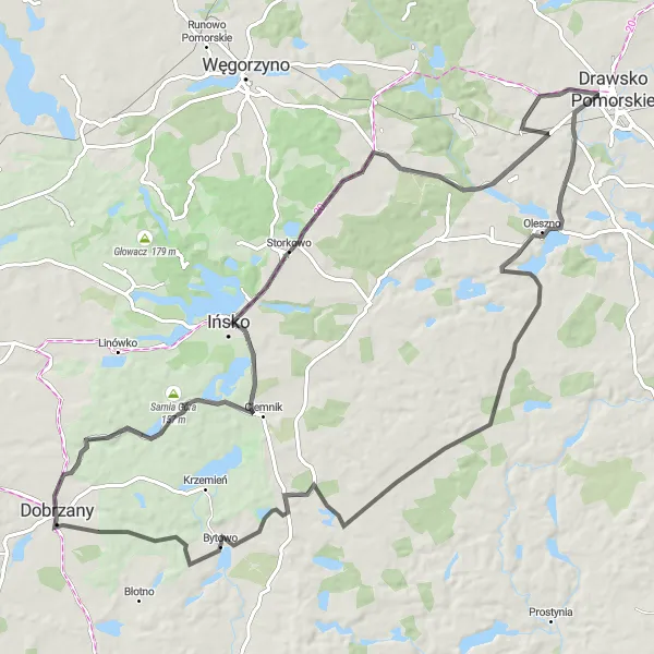 Map miniature of "Dobrzany Circuit" cycling inspiration in Zachodniopomorskie, Poland. Generated by Tarmacs.app cycling route planner