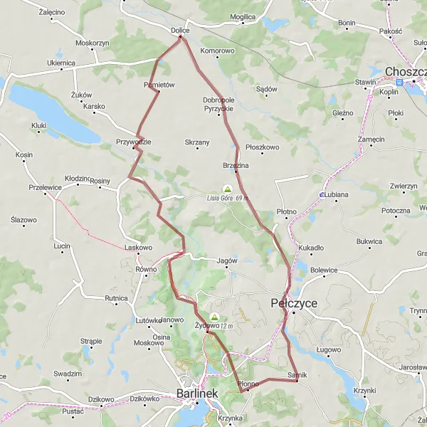 Miniatura mapy "Trasa Szlakiem Dolickich Wzgórz" - trasy rowerowej w Zachodniopomorskie, Poland. Wygenerowane przez planer tras rowerowych Tarmacs.app
