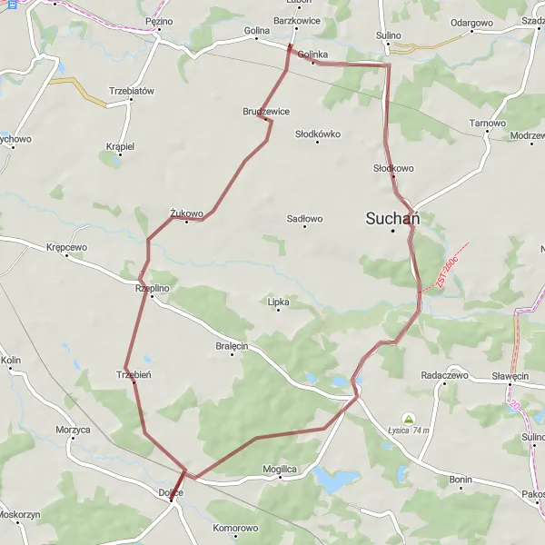 Map miniature of "Suchań Scenic Loop" cycling inspiration in Zachodniopomorskie, Poland. Generated by Tarmacs.app cycling route planner