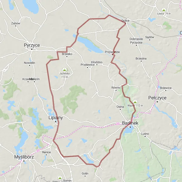 Map miniature of "Around Karsko and Skrzynkowskie Góry" cycling inspiration in Zachodniopomorskie, Poland. Generated by Tarmacs.app cycling route planner