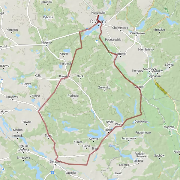 Map miniature of "Drawno Circular Gravel Route" cycling inspiration in Zachodniopomorskie, Poland. Generated by Tarmacs.app cycling route planner