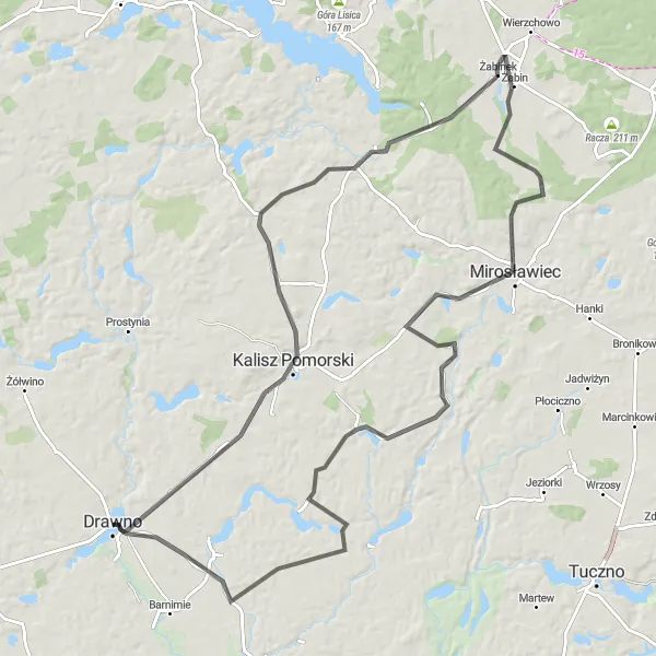 Map miniature of "Drawno Cycling Exploration" cycling inspiration in Zachodniopomorskie, Poland. Generated by Tarmacs.app cycling route planner