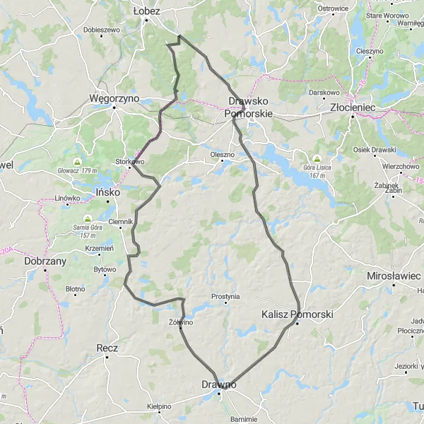Map miniature of "Drawno and Beyond Road Ride" cycling inspiration in Zachodniopomorskie, Poland. Generated by Tarmacs.app cycling route planner