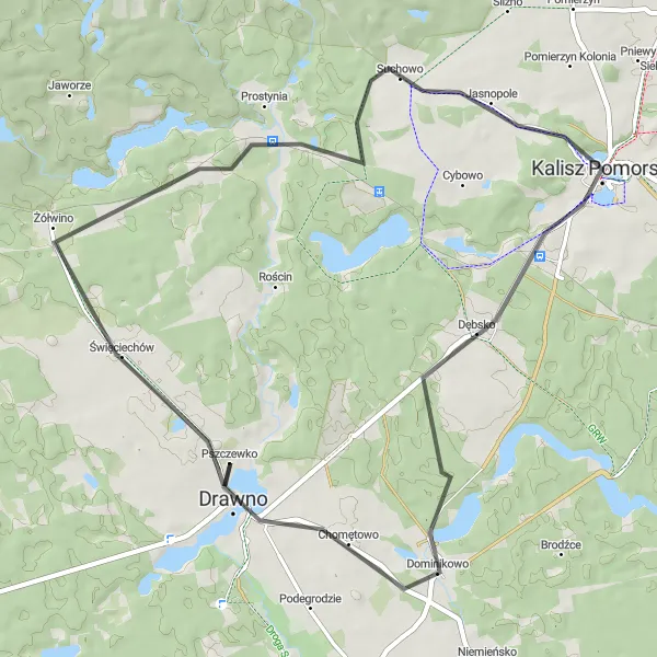 Map miniature of "Drawno Loop" cycling inspiration in Zachodniopomorskie, Poland. Generated by Tarmacs.app cycling route planner