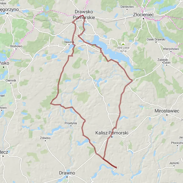 Map miniature of "Drawsko Pomorskie - Mielenko Drawskie - Jezioro Lubie - Kalisz Pomorski - Dębsko" cycling inspiration in Zachodniopomorskie, Poland. Generated by Tarmacs.app cycling route planner