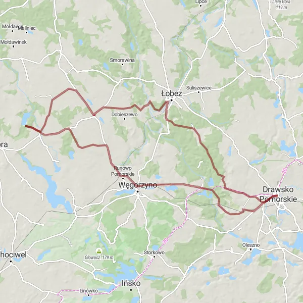 Map miniature of "Rural Gravel Loop: Brzeźniak to Bonin" cycling inspiration in Zachodniopomorskie, Poland. Generated by Tarmacs.app cycling route planner