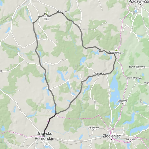 Map miniature of "Drawsko Pomorskie - Łabędzie - Lisia Góra - Rycerzewko - Narożnik - Borne" cycling inspiration in Zachodniopomorskie, Poland. Generated by Tarmacs.app cycling route planner