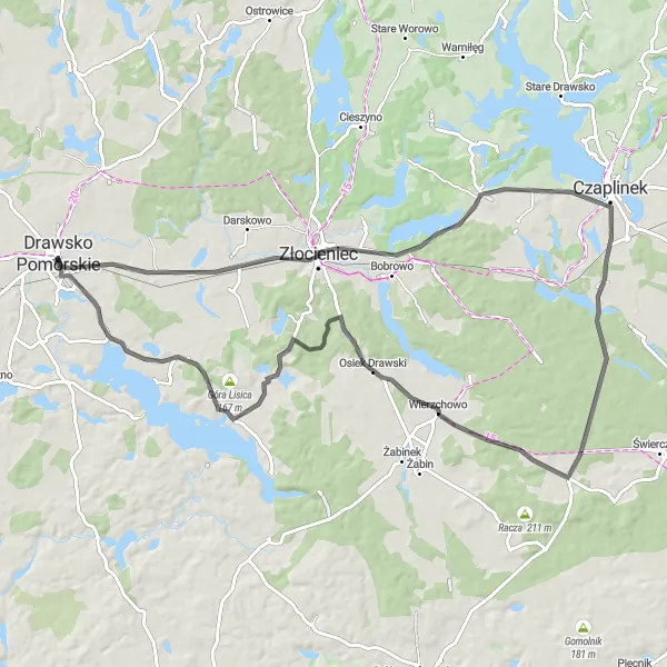 Map miniature of "Drawsko Pomorskie to Złocieniec Circuit" cycling inspiration in Zachodniopomorskie, Poland. Generated by Tarmacs.app cycling route planner