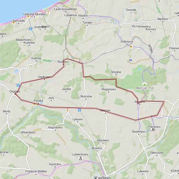 Miniatura mapy "Trasa przez Strachomino i Kraśnik Koszaliński" - trasy rowerowej w Zachodniopomorskie, Poland. Wygenerowane przez planer tras rowerowych Tarmacs.app
