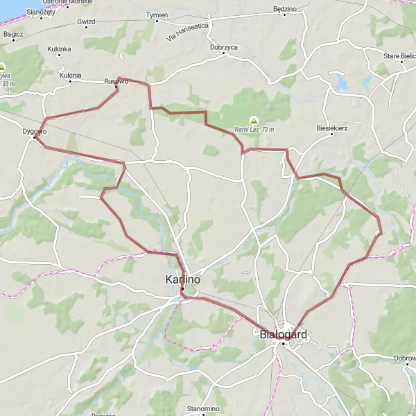 Miniatura mapy "Sceniczna trasa do Białogardu" - trasy rowerowej w Zachodniopomorskie, Poland. Wygenerowane przez planer tras rowerowych Tarmacs.app