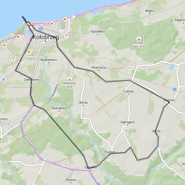Map miniature of "Dygowo to Kołobrzeg Loop" cycling inspiration in Zachodniopomorskie, Poland. Generated by Tarmacs.app cycling route planner