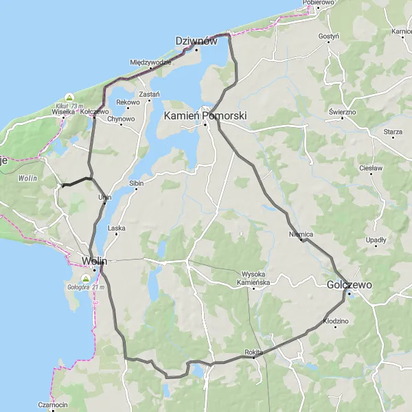 Map miniature of "Scenic Loop to Srebrna Góra" cycling inspiration in Zachodniopomorskie, Poland. Generated by Tarmacs.app cycling route planner