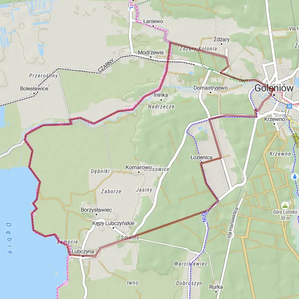 Map miniature of "Goleniów Ruins Gravel Route" cycling inspiration in Zachodniopomorskie, Poland. Generated by Tarmacs.app cycling route planner