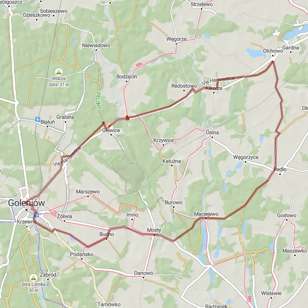 Map miniature of "Goleniów Gravel Circuit" cycling inspiration in Zachodniopomorskie, Poland. Generated by Tarmacs.app cycling route planner