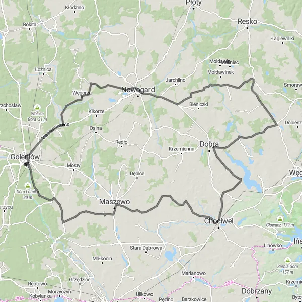 Map miniature of "Bodzęcin Road Route" cycling inspiration in Zachodniopomorskie, Poland. Generated by Tarmacs.app cycling route planner