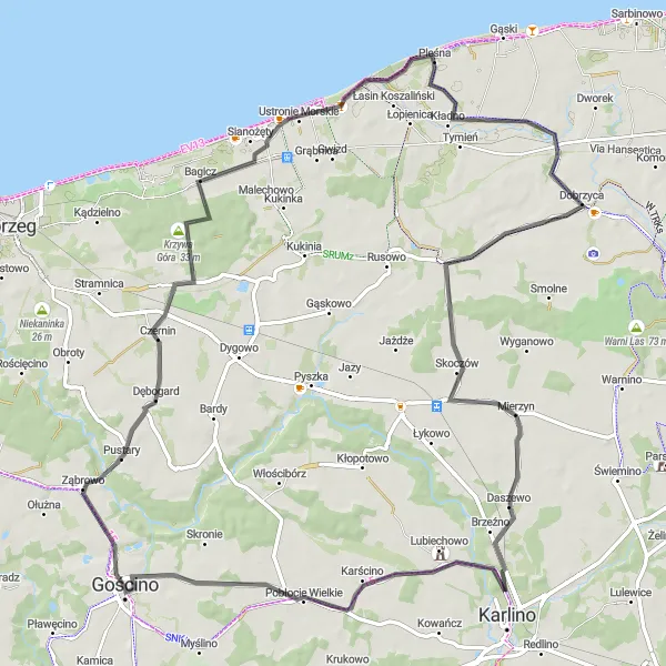 Map miniature of "Through the Countryside" cycling inspiration in Zachodniopomorskie, Poland. Generated by Tarmacs.app cycling route planner