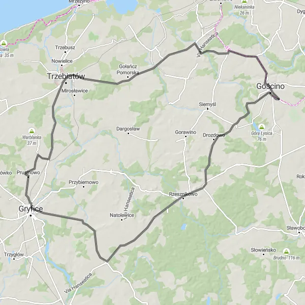 Miniatura mapy "Wycieczka przez pagórki i farmy" - trasy rowerowej w Zachodniopomorskie, Poland. Wygenerowane przez planer tras rowerowych Tarmacs.app