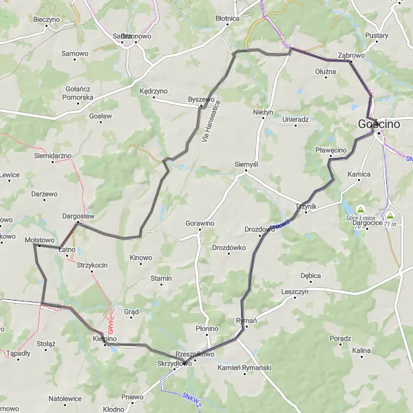 Map miniature of "Road Route around Gościno" cycling inspiration in Zachodniopomorskie, Poland. Generated by Tarmacs.app cycling route planner