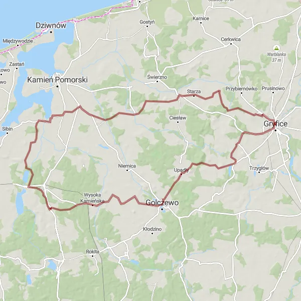 Map miniature of "Wilderness Adventure" cycling inspiration in Zachodniopomorskie, Poland. Generated by Tarmacs.app cycling route planner