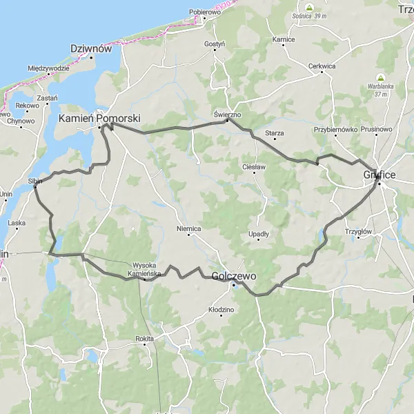 Map miniature of "Scenic Countryside Expedition" cycling inspiration in Zachodniopomorskie, Poland. Generated by Tarmacs.app cycling route planner