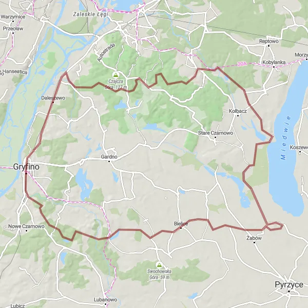 Map miniature of "Scenic Velodyssey: Gryfino to Chmielnik" cycling inspiration in Zachodniopomorskie, Poland. Generated by Tarmacs.app cycling route planner