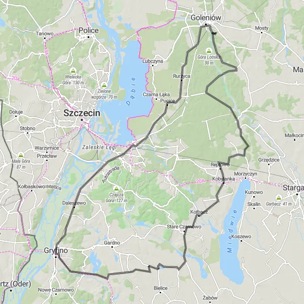 Map miniature of "Gryfino to Plac Zakochanych Marathon" cycling inspiration in Zachodniopomorskie, Poland. Generated by Tarmacs.app cycling route planner