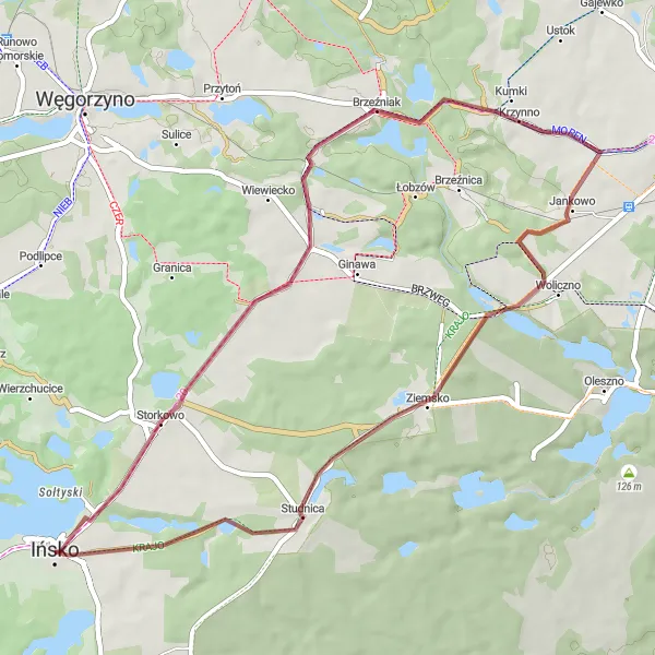 Map miniature of "Ińsko Exploration: Gravel Route" cycling inspiration in Zachodniopomorskie, Poland. Generated by Tarmacs.app cycling route planner