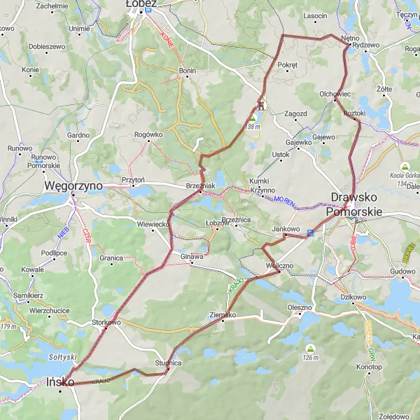 Map miniature of "Off-Road Gravel Route: Discover Ińsko's Surroundings" cycling inspiration in Zachodniopomorskie, Poland. Generated by Tarmacs.app cycling route planner