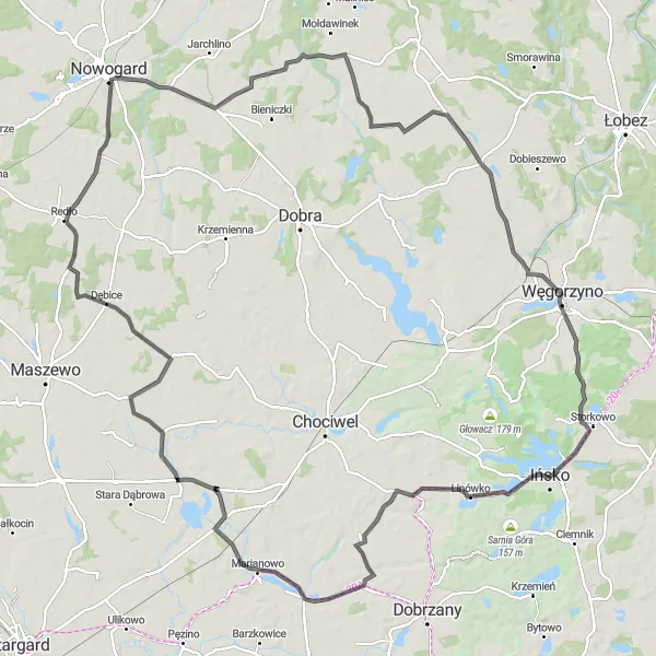 Map miniature of "Ińsko Circular Road Route" cycling inspiration in Zachodniopomorskie, Poland. Generated by Tarmacs.app cycling route planner