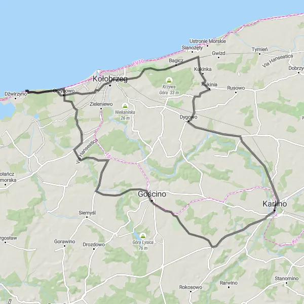 Map miniature of "The Majestic Coastal Road" cycling inspiration in Zachodniopomorskie, Poland. Generated by Tarmacs.app cycling route planner