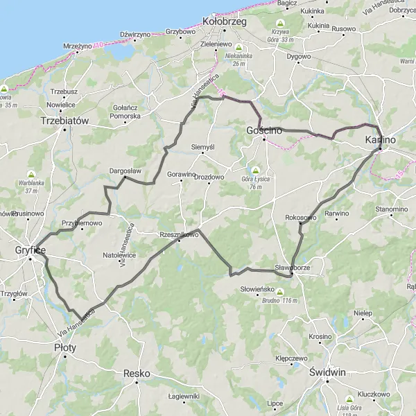 Miniatura mapy "Rowerowa wyprawa przez Rokosowo i Charzyno" - trasy rowerowej w Zachodniopomorskie, Poland. Wygenerowane przez planer tras rowerowych Tarmacs.app