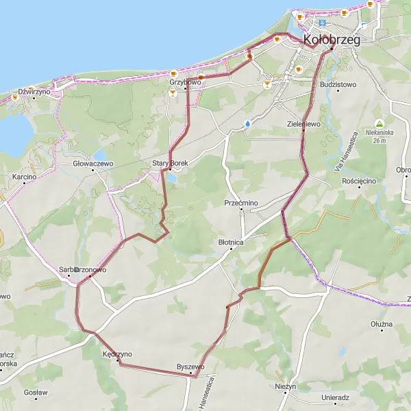 Map miniature of "Kolobrzeg Gravel Adventure" cycling inspiration in Zachodniopomorskie, Poland. Generated by Tarmacs.app cycling route planner