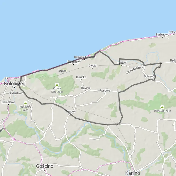 Map miniature of "Road Route to Ekopark" cycling inspiration in Zachodniopomorskie, Poland. Generated by Tarmacs.app cycling route planner