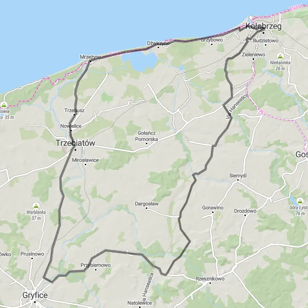 Map miniature of "Kolobrzeg to Korzystno Loop" cycling inspiration in Zachodniopomorskie, Poland. Generated by Tarmacs.app cycling route planner